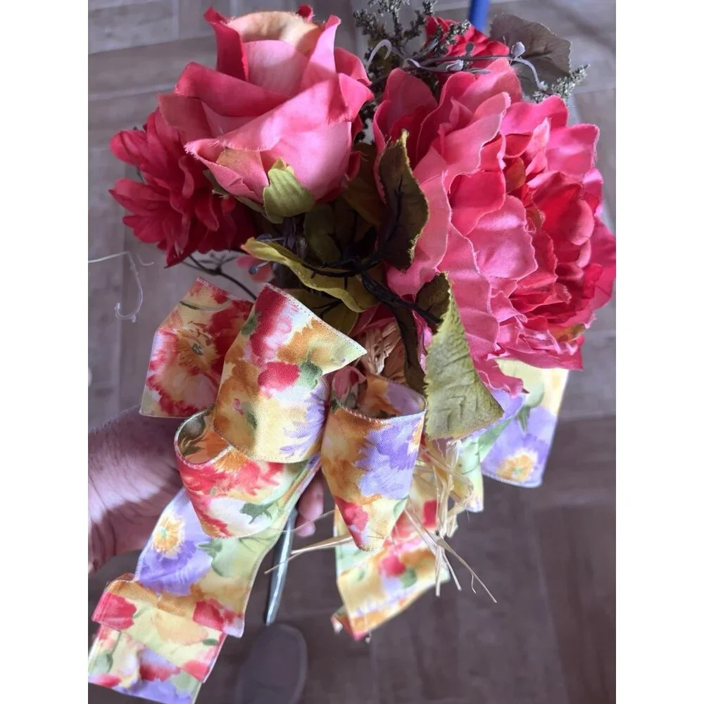SPRING Flower BOUQUET Handmade Bow Coral Red Yellow Purple Peony Rose Zinnia